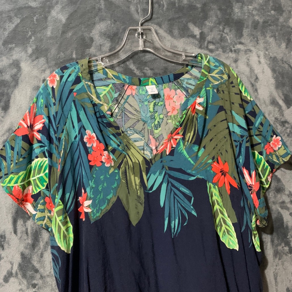 Old Navy Blouse Womens XXL Pretty Co Black Print Navy Blue Tropical Floral EUC - Picture 4 of 13